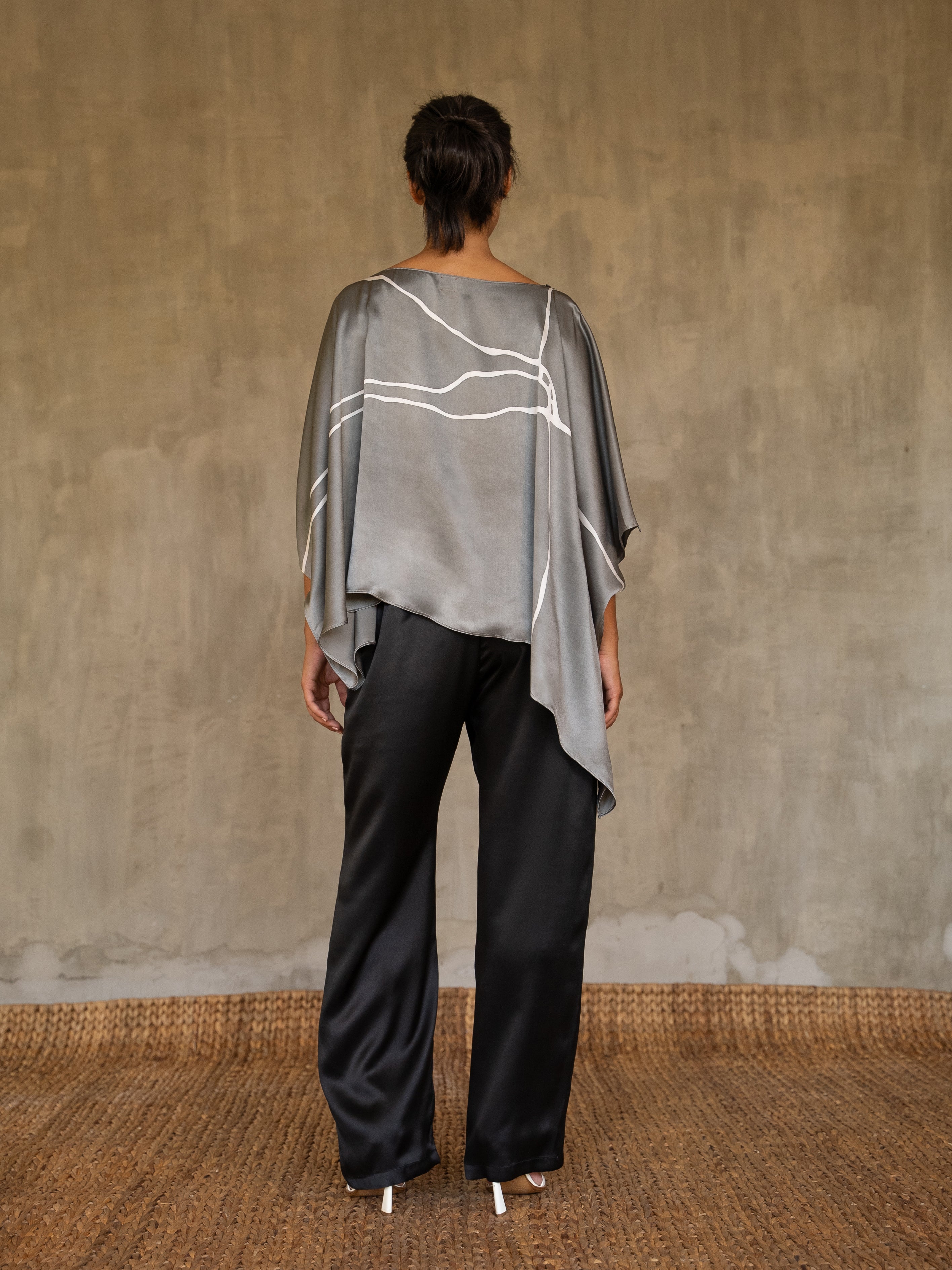 square silk top hand-painted in grey and white by Bali artisan