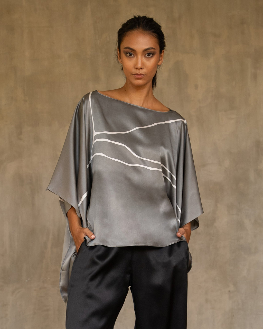 square silk top hand-painted in grey and white by Bali artisan