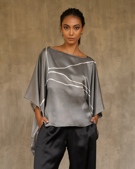 square silk top hand-painted in grey and white by Bali artisan