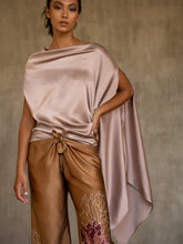 Load image into Gallery viewer, handcrafted silk satin scarf top plain pink color and long silk pant with flower batik pattern made in Bali
