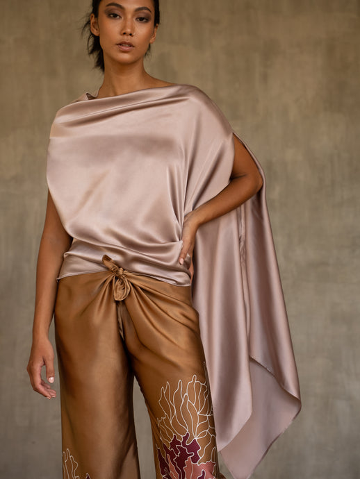 handcrafted silk satin scarf top plain pink color and long silk pant with flower batik pattern made in Bali