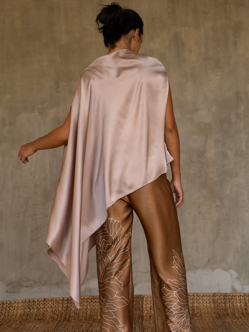 handcrafted silk satin scarf top plain pink color and long silk pant with flower batik pattern made in Bali