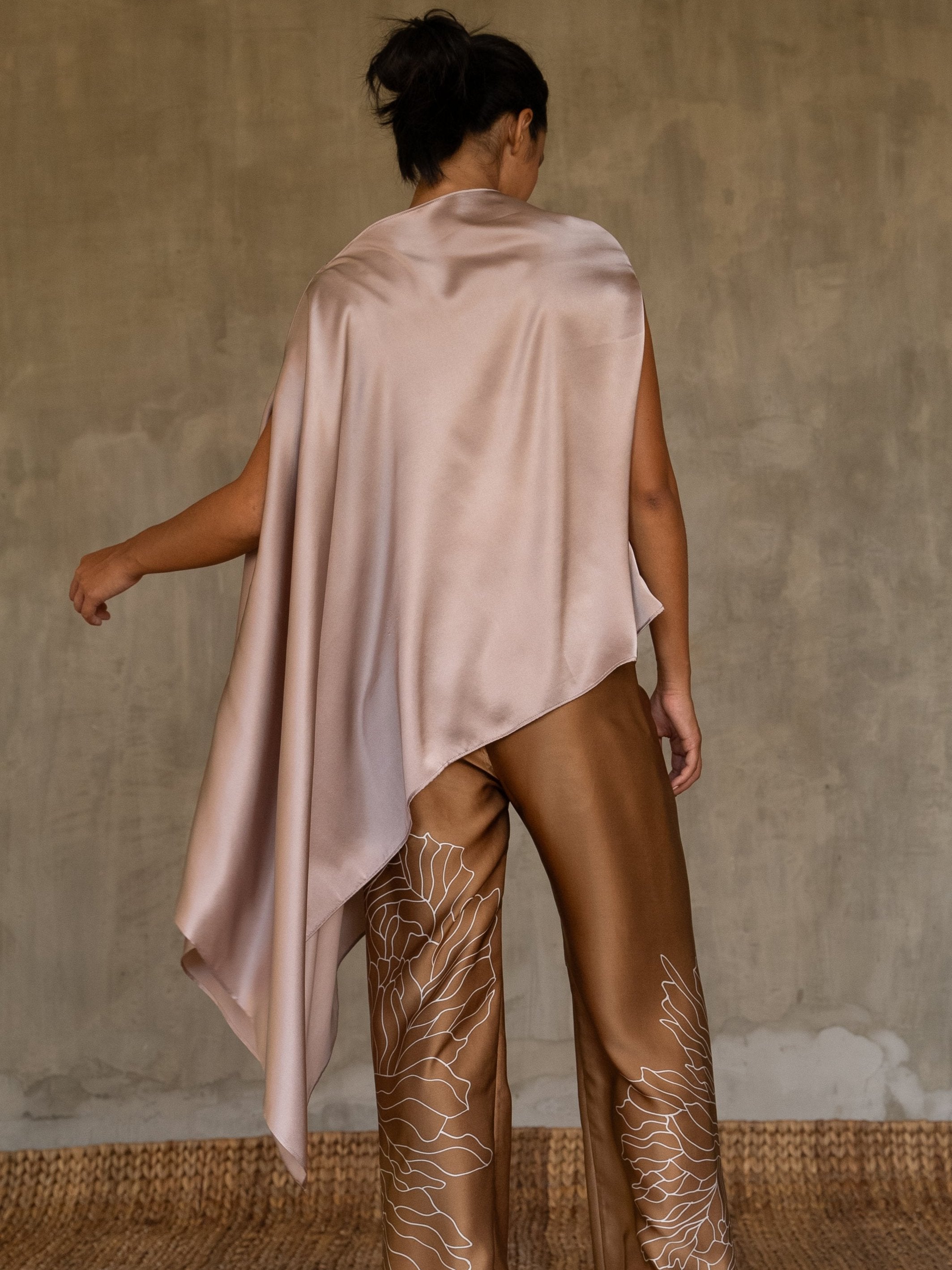 handcrafted silk satin scarf top plain pink color and long silk pant with flower batik pattern made in Bali