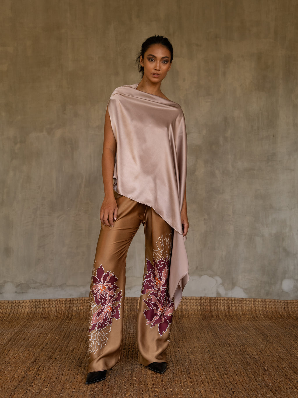 handcrafted silk satin scarf top plain pink color and long silk pant brown color with flower batik pattern made in Bali
