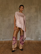 handcrafted silk satin scarf top plain pink color and long silk pant brown color with flower batik pattern made in Bali