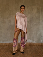 Load image into Gallery viewer, handcrafted silk satin scarf top plain pink color and long silk pant brown color with flower batik pattern made in Bali
