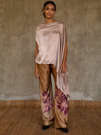 handcrafted silk satin scarf top plain pink color and long silk pant with flower batik pattern made in Bali