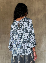 Load image into Gallery viewer, long sleeves silk satin top hand-painted batik by bali artisan color light blue and bluestone
