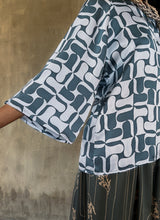 Load image into Gallery viewer, long sleeves silk satin top hand-painted batik by bali artisan color light blue and bluestone
