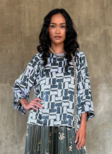 Load image into Gallery viewer, long sleeves silk satin top hand-painted batik by bali artisan color light blue and bluestone
