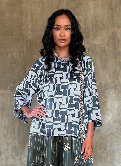 long sleeves silk satin top hand-painted batik by bali artisan color light blue and bluestone