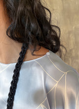 Load image into Gallery viewer, woman silk top detail color light blue with white pattern floreal
