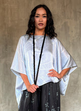 Load image into Gallery viewer, woman silk satin top hand painted in Bali in batik floreal style and dark grey skirt
