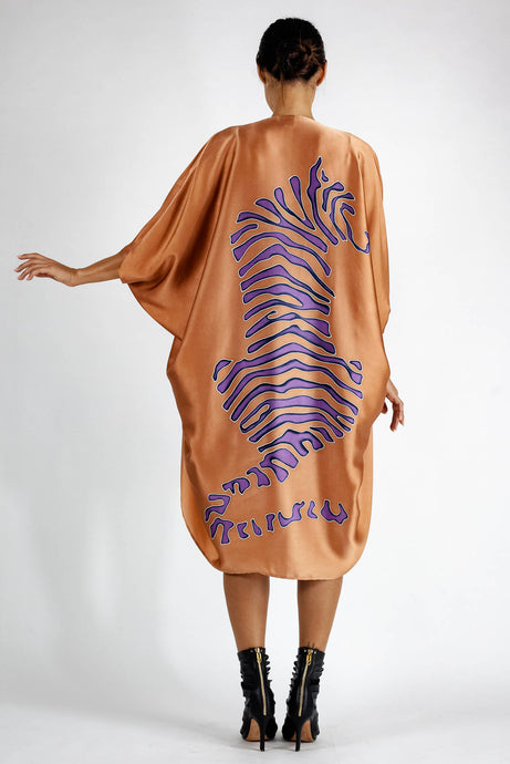 Quarzia luxury decorative Open Kaftan with three-quarter length sleeves-hand painted graphic motif handcrafted from premium silk-Tiger Hazel-crafted by artisans in Bali