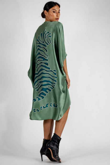 Quarzia luxury decorative Open Kaftan with three-quarter length sleeves-hand painted graphic motif handcrafted from premium silk-Tiger Olive Green-crafted by artisans in Bali