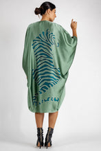Load image into Gallery viewer, Quarzia luxury decorative Open Kaftan with three-quarter length sleeves-hand painted graphic motif handcrafted from premium silk-Tiger Olive Green-crafted by artisans in Bali
