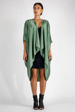 Load image into Gallery viewer, Quarzia luxury decorative Open Kaftan with three-quarter length sleeves-hand painted graphic motif handcrafted from premium silk-Tiger Olive Green-crafted by artisans in Bali
