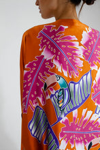 Load image into Gallery viewer, Quarzia luxury decorative Open Kaftan with three-quarter length sleeves-hand painted tropical motif handcrafted from premium silk-Tuki Burnt Orange-crafted by artisans in Bali
