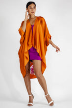 Load image into Gallery viewer, Quarzia luxury decorative Open Kaftan with three-quarter length sleeves-hand painted tropical motif handcrafted from premium silk-Tuki Burnt Orange-crafted by artisans in Bali
