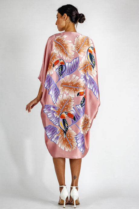 Quarzia luxury decorative Open Kaftan with three-quarter length sleeves-hand painted tropical motif handcrafted from premium silk-Tuki Mellow Rose-crafted by artisans in Bali
