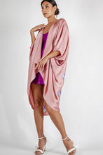 Load image into Gallery viewer, Quarzia luxury decorative Open Kaftan with three-quarter length sleeves-hand painted tropical motif handcrafted from premium silk-Tuki Mellow Rose-crafted by artisans in Bali
