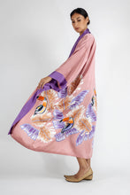 Load image into Gallery viewer, Side pattern detail: Quarzia signature Kimono has wide, flowing sleeves and it&#39;s handcrafted from pure silk satin. As Japanese style&#39; kimono  it is open under the arms. A bold contrast color border on the cuffs and on the front, together with the same color silk belt, frame this elegant piece, ultimate in relaxed style, elegance and comfort. The batik pattern is inspired by the stillness pose of a tiger.
