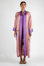 Load image into Gallery viewer, Front detail: Quarzia signature Kimono has wide, flowing sleeves and it&#39;s handcrafted from pure silk satin. As Japanese style&#39; kimono  it is open under the arms. A bold contrast color border on the cuffs and on the front, together with the same color silk belt, frame this elegant piece, ultimate in relaxed style, elegance and comfort. The batik pattern is inspired by the incredible balinese leafy jungle and colorful tucans beauty.
