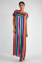 Load image into Gallery viewer, Handcrafted batik  silk satin SIMO DRESS merge the palette of a painter and some &quot;Bauhaus&quot; inspired lines. Featured  side loops to wear it also with a thin belt, and a sexy split in the front.

