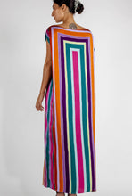 Load image into Gallery viewer, Back detail: handcrafted batik  silk satin SIMO DRESS merge the palette of a painter and some &quot;Bauhaus&quot; inspired lines. Featured  side loops to wear it also with a thin belt, and a sexy split in the front.

