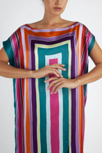 Load image into Gallery viewer, Front detail: handcrafted batik  silk satin SIMO DRESS merge the palette of a painter and some &quot;Bauhaus&quot; inspired lines. Featured  side loops to wear it also with a thin belt, and a sexy split in the front.


