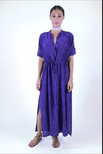 vibrant purple color.  The string on the waist add a dash of creativity for you, according to your mood. Loose or tied, easy or fasten. How do you feel today??   One-size. 100% Crepe Silk. Motif: Leaves. Color: Royal-purple. Available also in:  Lilac-ash, Olive-night, Fig.