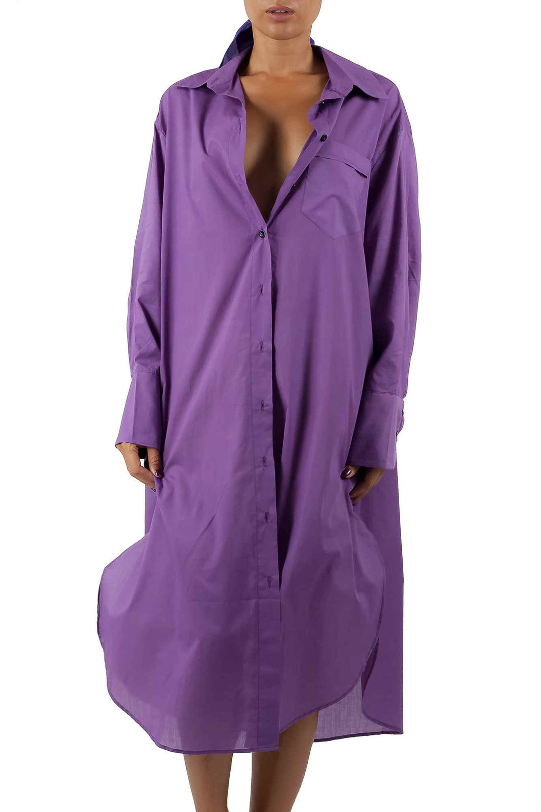 MAXI SHIRT COTTON DRESS plain violet-tulip